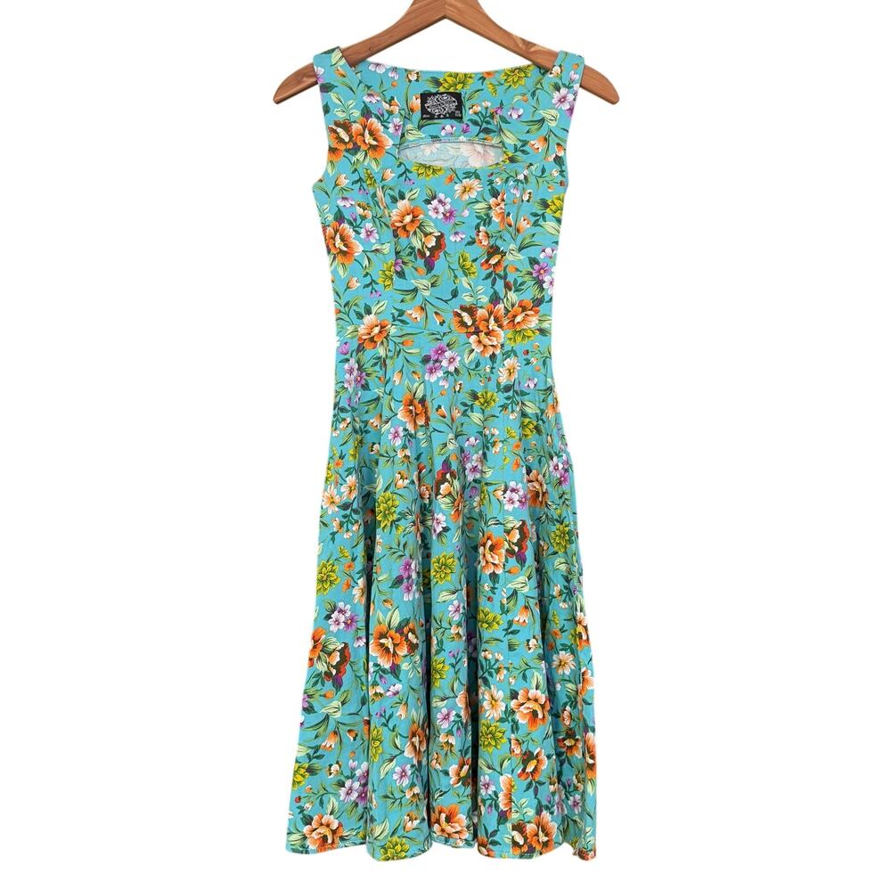 Hearts & Roses London Floral Fit & Flare Midi Dress Teal Cotton Rockabilly Sz 4